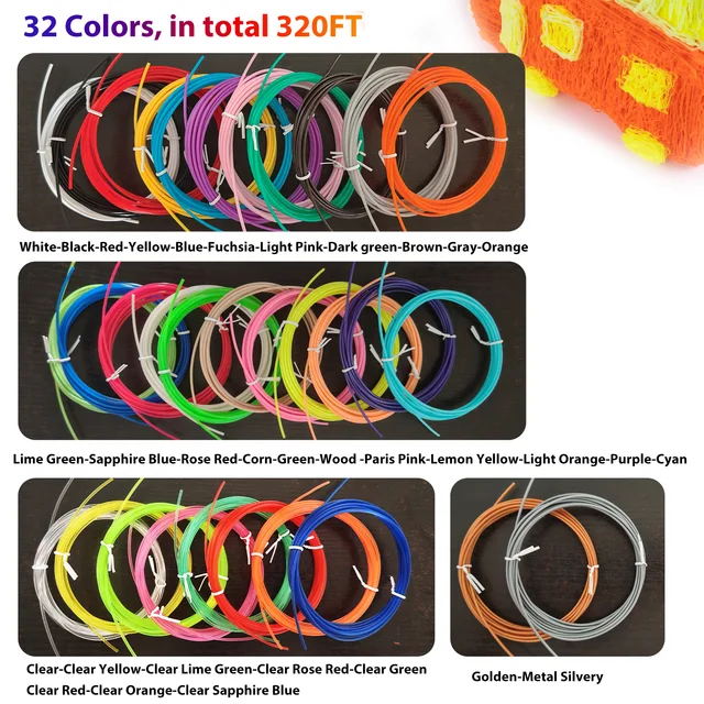 32 Colors 3D Pen Filament Refills 1.75mm PLA | 320 Feet (96m) Total, 10ft Each Color, Random Colors 2