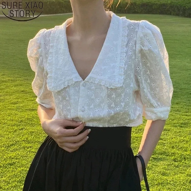 White Lace Blouse for Women Sweet Chic Puff Short Sleeve Shirt Hollow Flower Korean Peter Pan Collar Summer Tops 2025 13919