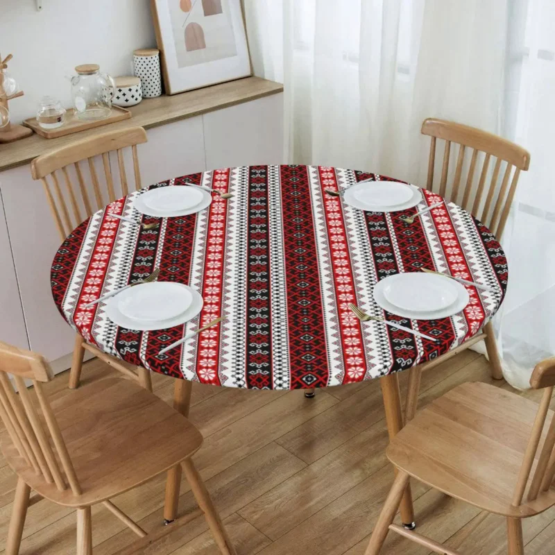 

Round Oil-Proof Bold Colorful Ukraine Style Vyshyvanka Embroidery Tablecloth Edge Table Covers 40"-44" Fit Bohemian Table Cloth