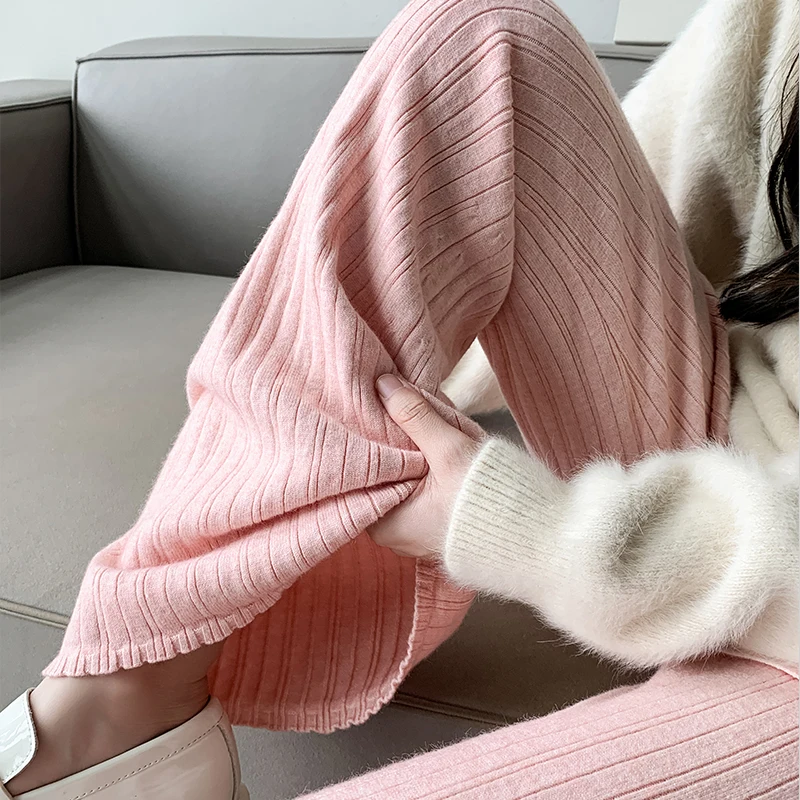 Soft Glutinous Pit Knitted Pants Women's 2023 Autumn/Winter High Waist Slim Wide Leg Pants Loose Relaxed Slim Flare Pants