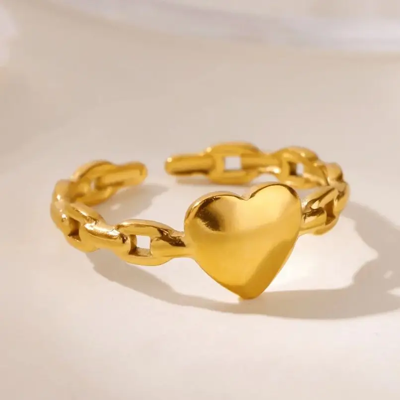Heart Rings For Women Gold Color Stainless Steel Opening Heart Ring