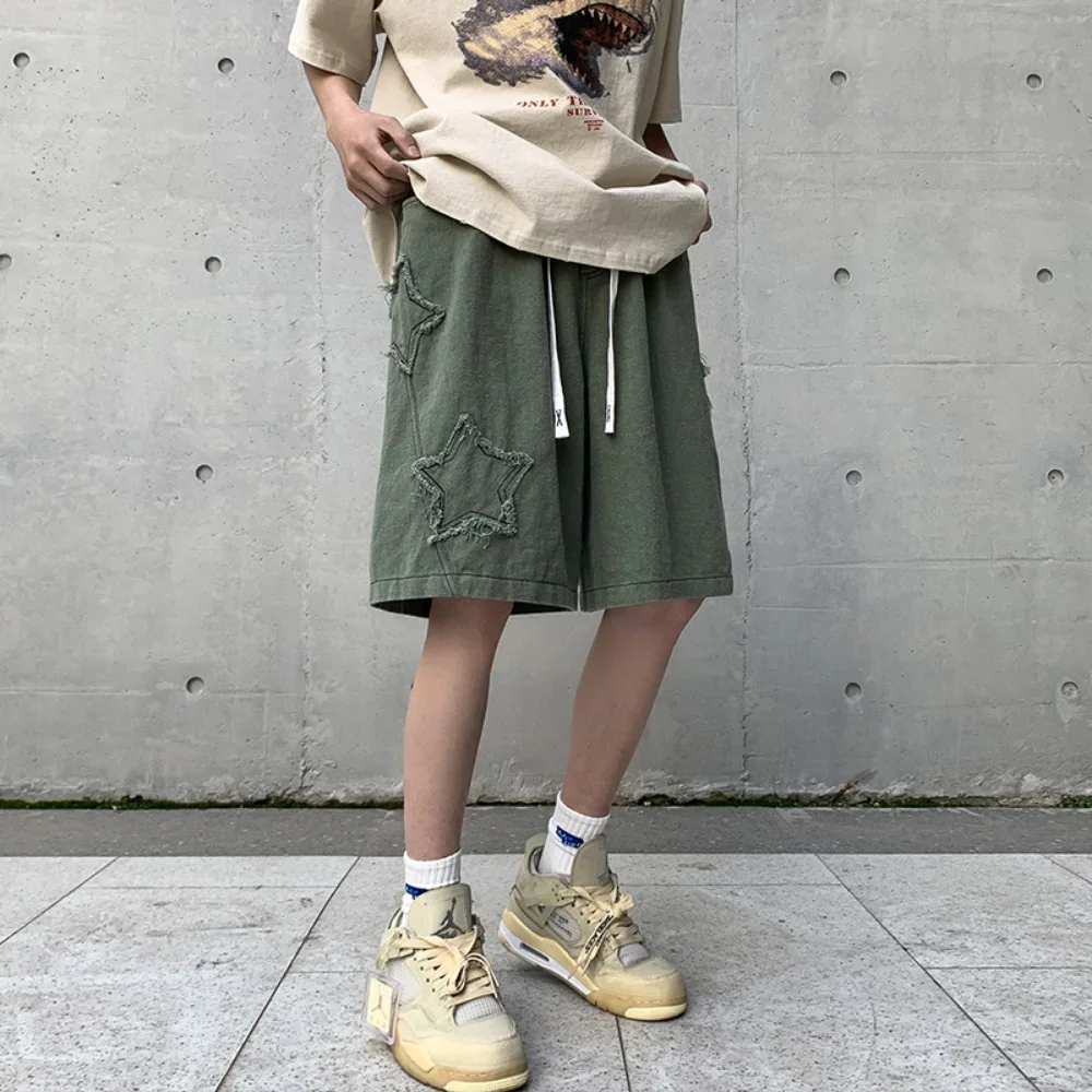 Star Patchwork Shorts for Men Vintage Denim Summer Short Pants All-match High Street Casual Streetwear Harajuku Oversized Shorts men jeans denim pants denim shorts summer jeans shorts