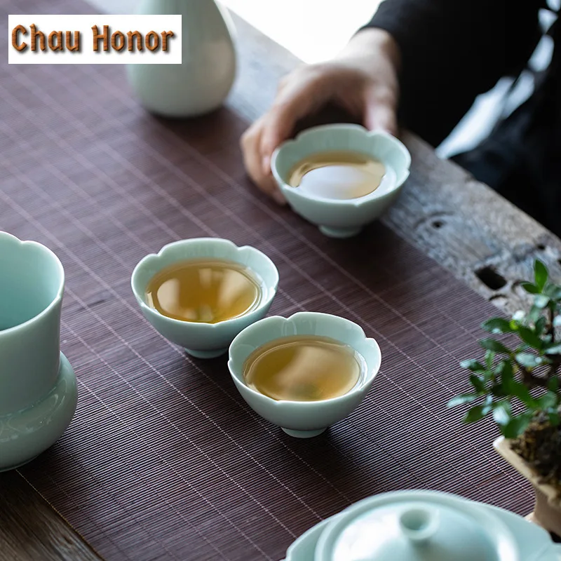 2pc/Set 65ml Creativity Hutian Kiln Misty Blue Ceramic Tea Bowl Sunflower Celadon Tea Cup Personal Hostess Cup Kung Fu Tea Set
