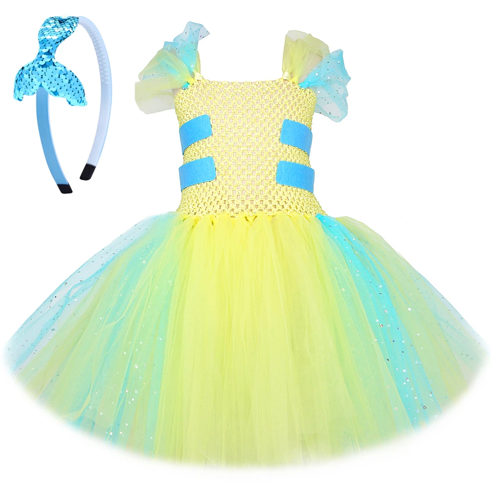 Flounder Fish Tutu Dress For Girls Birthday Outfit Carnival Halloween Costumes For Kids Toddler Twinkle Yellow Princess Dresses