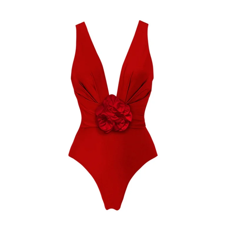 2024New One-Piece Swimsuit Women's Skinny Slimming Retro Large Flower Swimsuit Sexy Cover Belly Suit