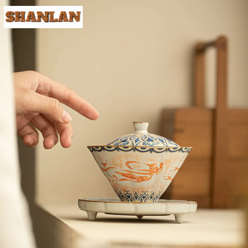 Ceramic Rubbings Flying Sky Gaiwan Zen Anti-scald Tea Tureen Tea Bowl With Lid Kit Brewing Cover Bowl Drinkware Craft Gift