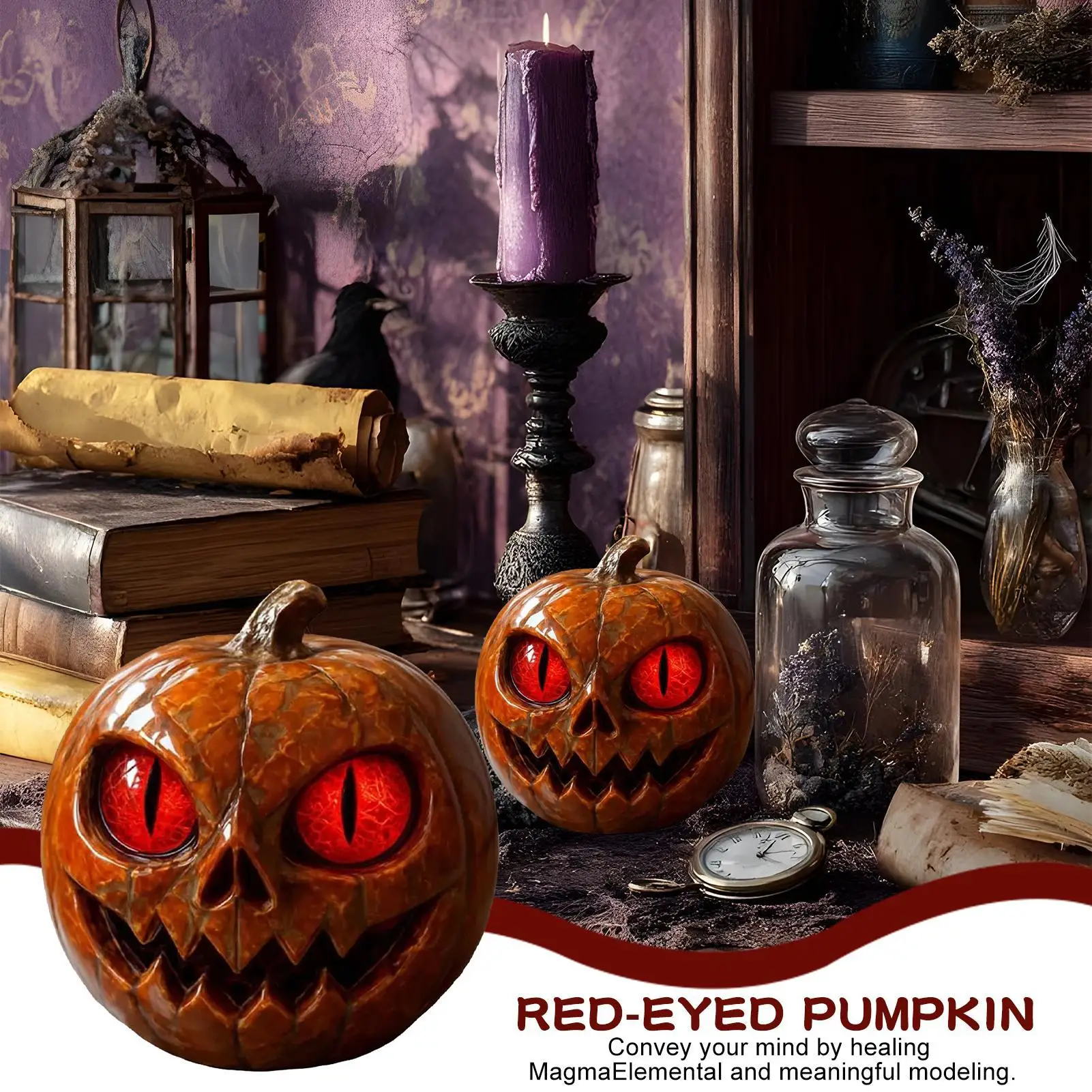 Red-eyed pumpkin figurine front view
