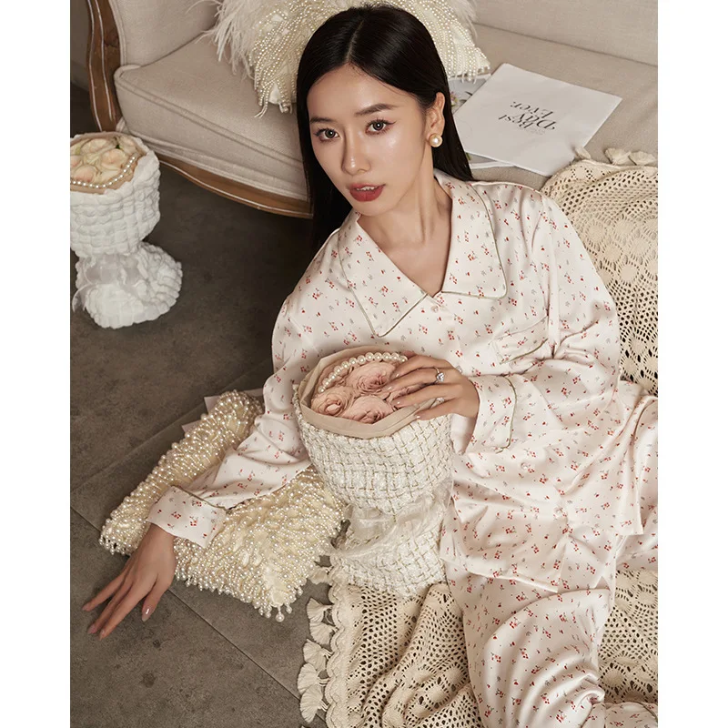 

New style mini small red flower ice silk pajama women's long sleeve pijama perro 란제리