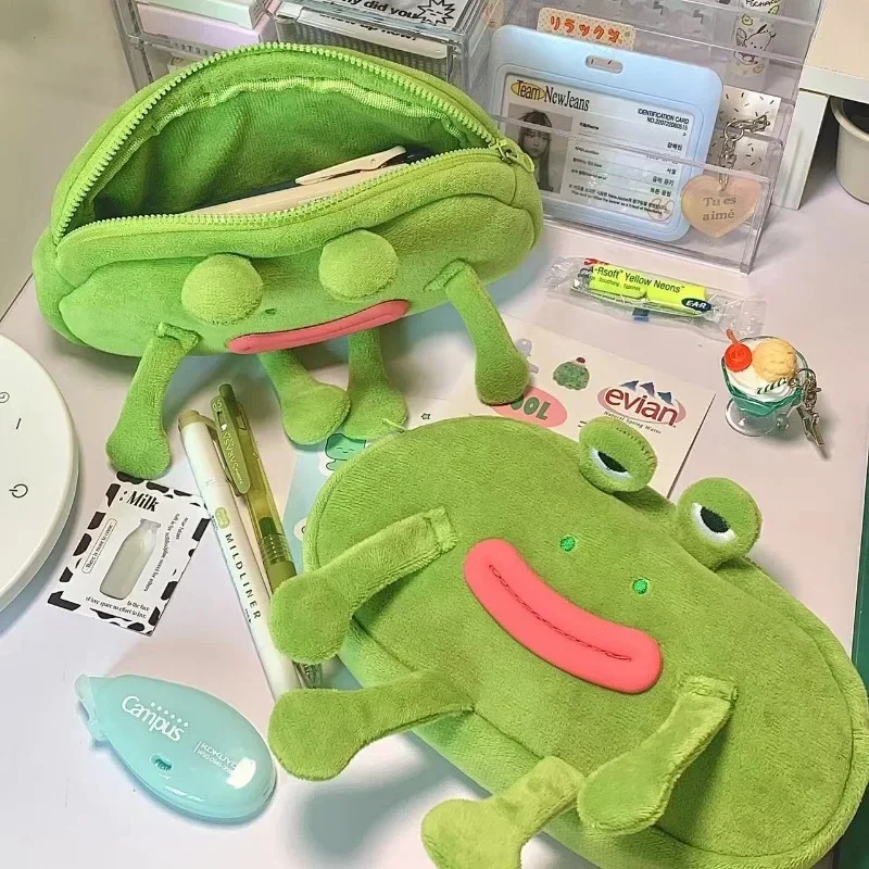 Funny Big Mouth Frog Pen Bag Students Large Capacity Desktop Stationery Storage Plush Pencil Case