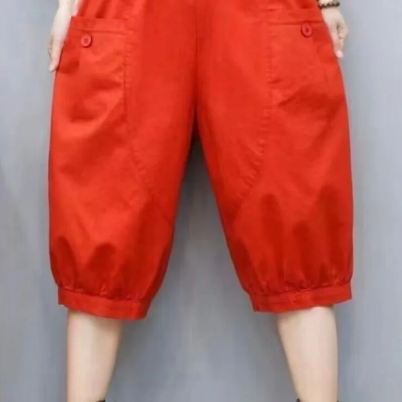 Pure Cotton Casual Women's 2024 Summer New Patchwork Fashion Solid Color Button Pocket Versatile Harun Cropped Slim Carrot Pants