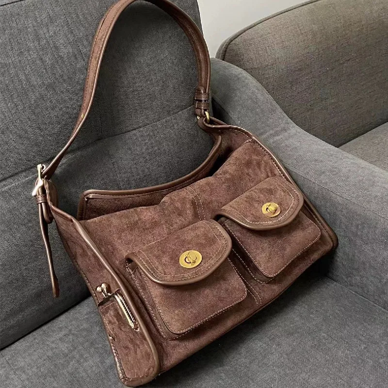 Casual Commuter Large Capacity Suede Pillow Bag Single Shoulder Crossbody Bag Vintage Style Polyester Lining Zipper Closure
