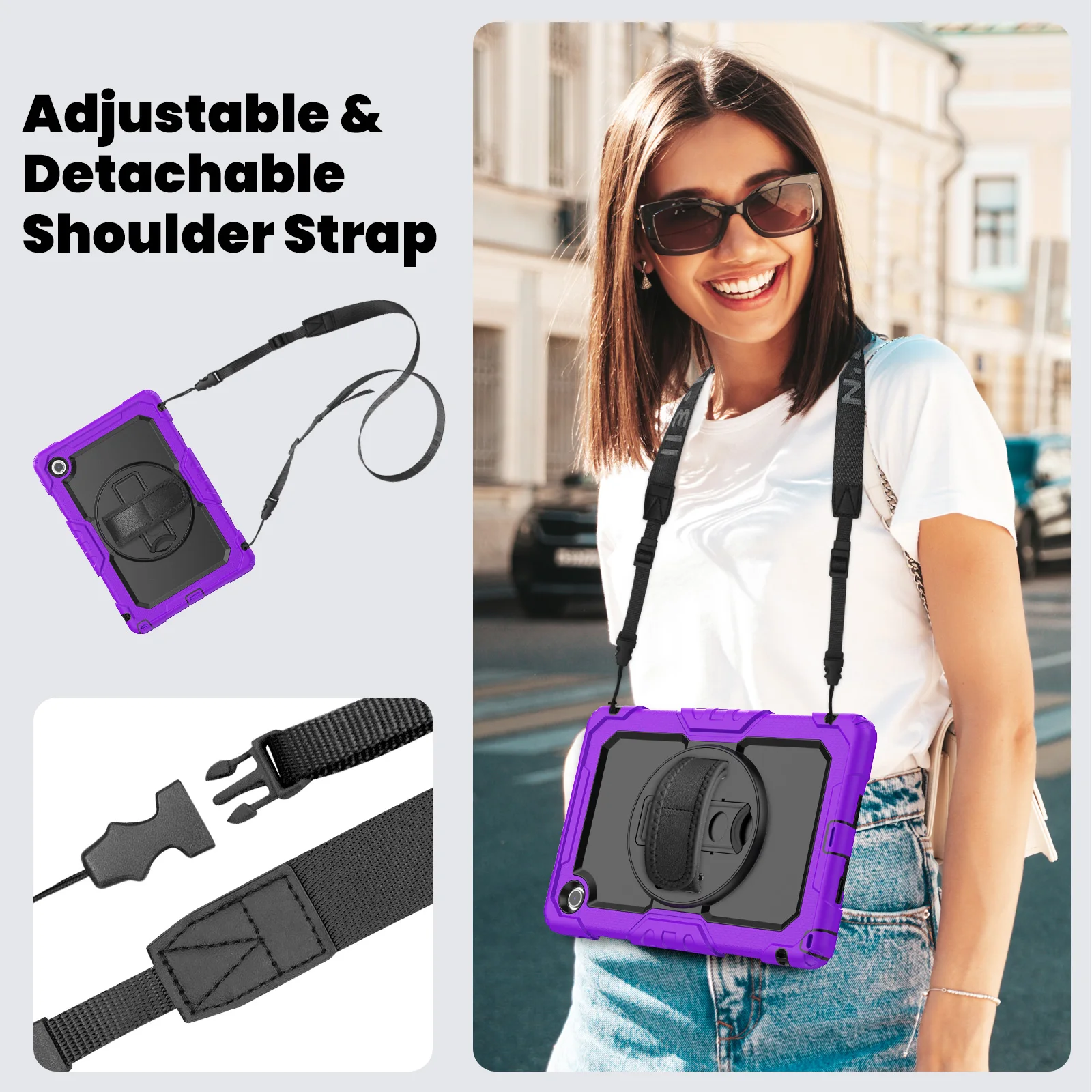 Rugged Armor Tablet Case with Screen Protector and Rotating Stand - Heavy Duty Cover with Shoulder Strap