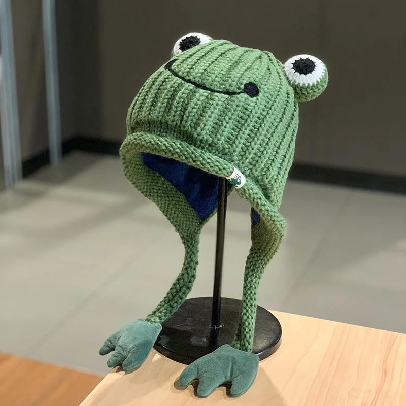 

Cute Frog Knitted Woolen Hat Winter Korean Edition Plush Ear Protection Hat Winter Warm Lei Feng Hat Fashion Headband Hat