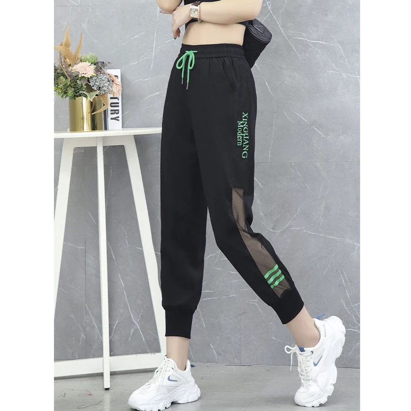2023 Summer New Striped Letter Print Mesh Patchwork Pants High Waist Casual Quick-drying Trousers Sports Jogger Sweatpants Women