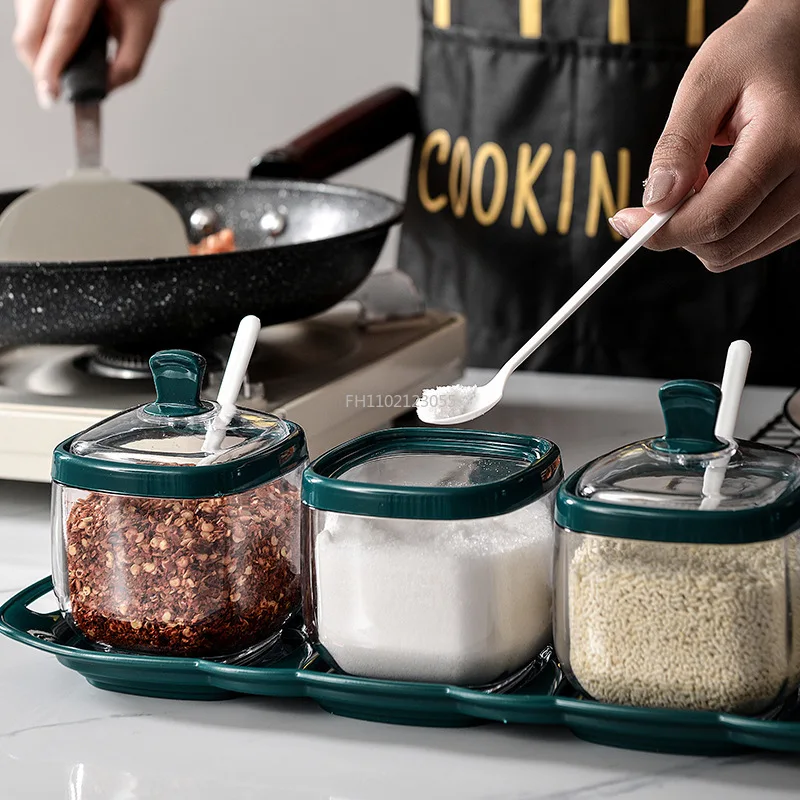 Spice Bottle Plastic Seasoning Jar with Spoon Salt Shaker Sugar Container Sauce Bowl Dispenser Spice Rack Kitchen Gadgets