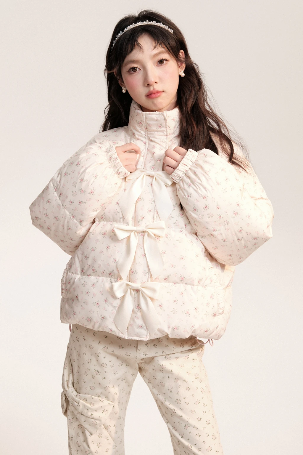 Sweet Cute Korean Women's Long Sleeve Stand-up Collar Down Jacket Elegant Fashion All-Match Bow Floral Warm Thick Down Jackets