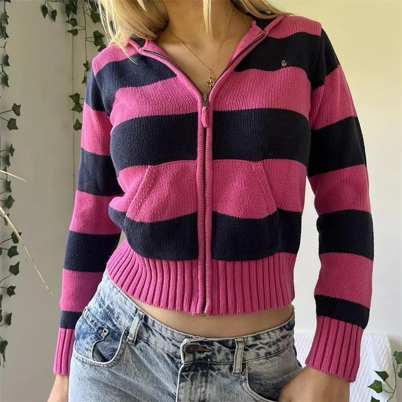 

Musuos Female Autumn Winter Knitwear Tops Outwear Vitntage Streetwear Stripes Women Zipper Clouser Long Sleeve Hooded Sweaters