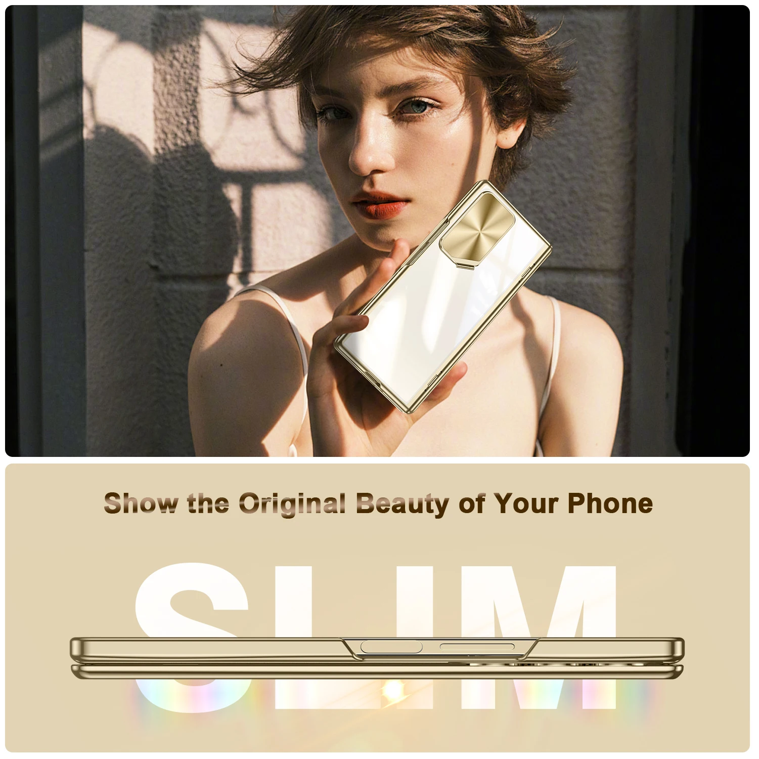 Slim Plating Crystal Clear Case with Full Hinge Protection and Camera Stand Cover