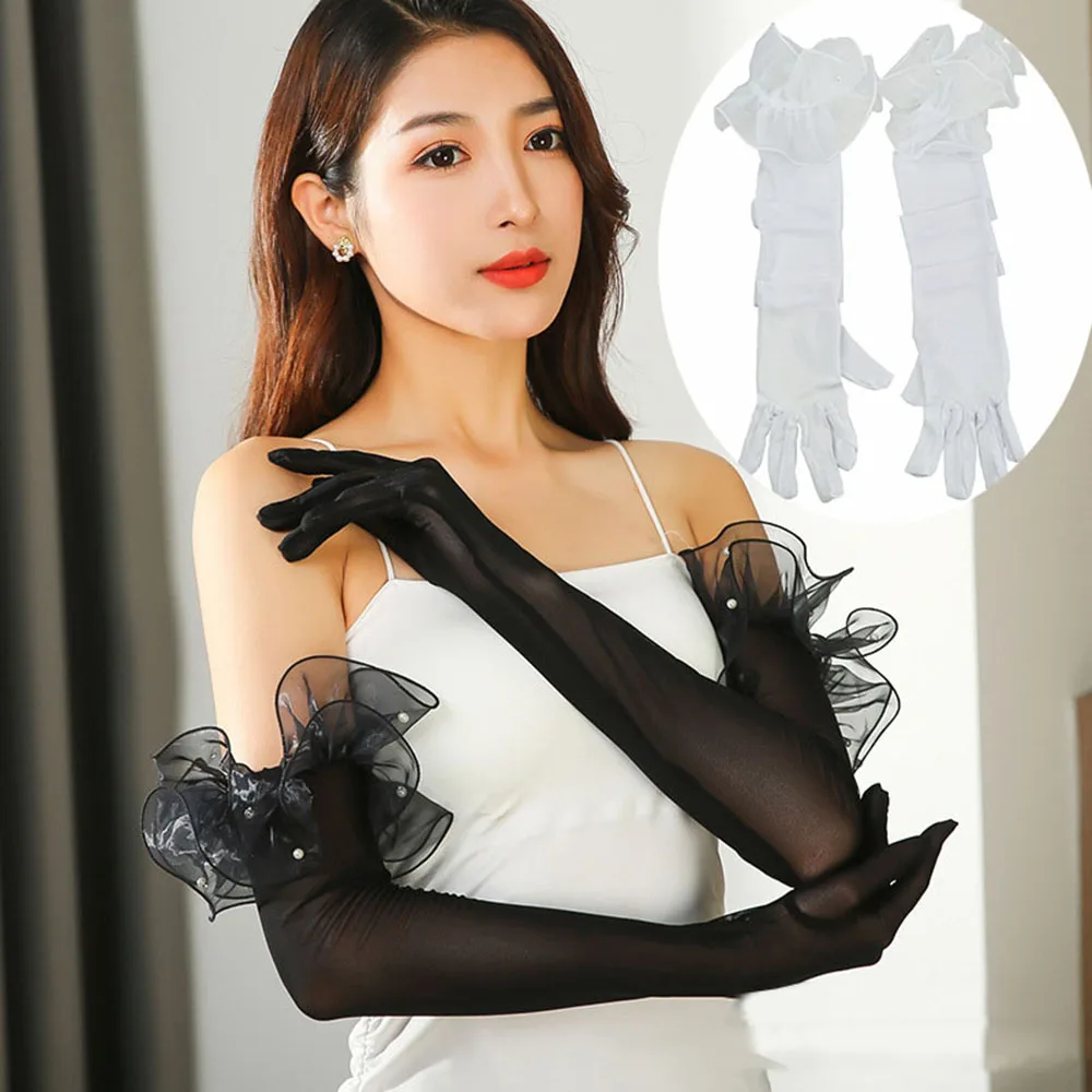 

Women sexy Mesh Tulle Gloves Ultra Thin Sheers Elbow Long Gloves elegant Lotus leaf Wedding Bride Dress Mittens Sunscreen Gloves