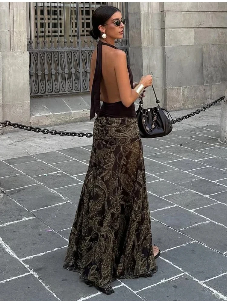 Jupes vintages femmes élégant fermeture marron Maxi jupes 2025 automne femme robe de soirée – Image 2