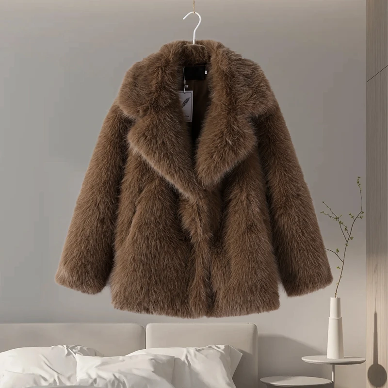Luxury Women's Brown Faux Fur Coat Lapel Mid-Length Loose Imitation Plush Furry Buckle Overcoat Winter Lady Thick Warm Outwear 23 Luxury Women's Brown Faux Fur Coat Lapel Mid-Length Loose Imitation Plush Furry Buckle Overcoat Winter Lady Thick Warm Outwear