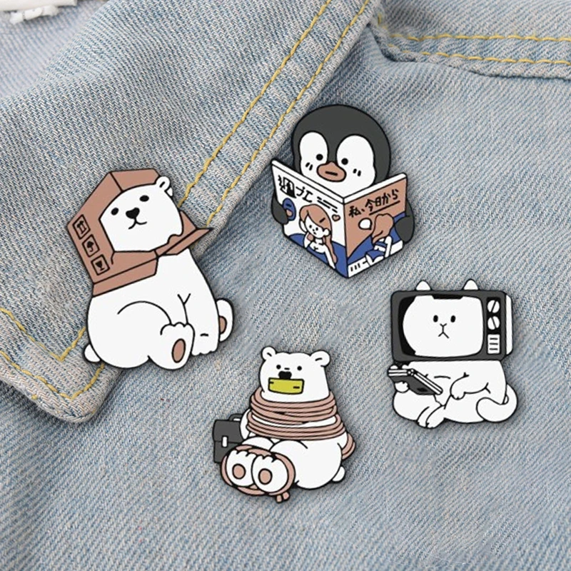 

Recyclable Polar Bear Brooches Enamel Cartoon Penguin Reading Magazine Cat TV Pin Poor Kidnapped Bears Badge Denim Lapel Jewelry