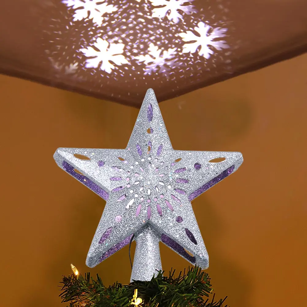 Christmas Star Decoration Christmas Tree Topper Lighted Star Tree Topper with Rotating Snowflake Projector Lights Glitter Hollow Star