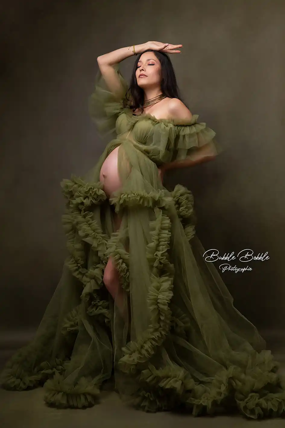 

Illusion Green Maternity Dress for Babyshower Sweetheart Off Shoulder Robes for Pregnancy Ruffles Slit Tulle Gowns Made Custom