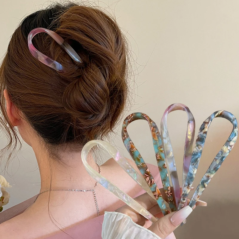 U 자형 헤어 스틱 아세테이트 아크릴 헤어 포크 헤어 클립 패션 보우 머리핀 기하학 모자 여성 소녀 헤어 액세서리