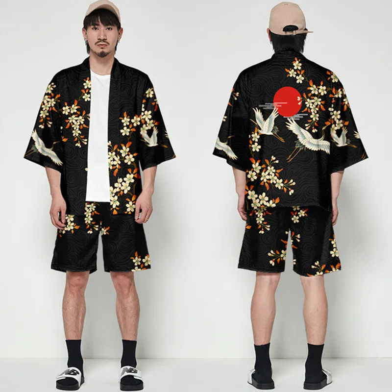 Large Size 5XL 6XL Japanese Kimono Cardigan Shorts Set Print Crane Men Women Shirt Tradition Yukata Haori Obi Cosplay Costume