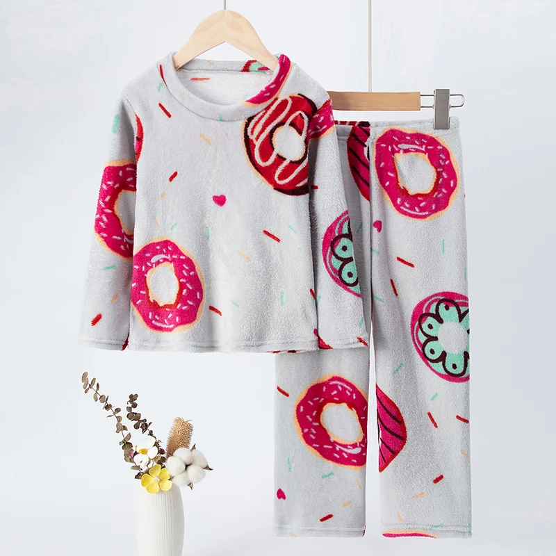 2-piece children's flannel long-sleeved trousers suit for autumn and winter girls' printed pajamas suit at home