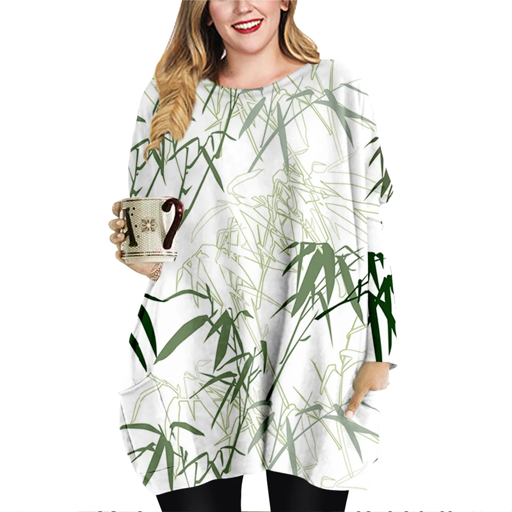 

Женская Винтажная Футболка с принтом бамбука, Повседневная футболка большого размера с длинным рукавом, лето 2022