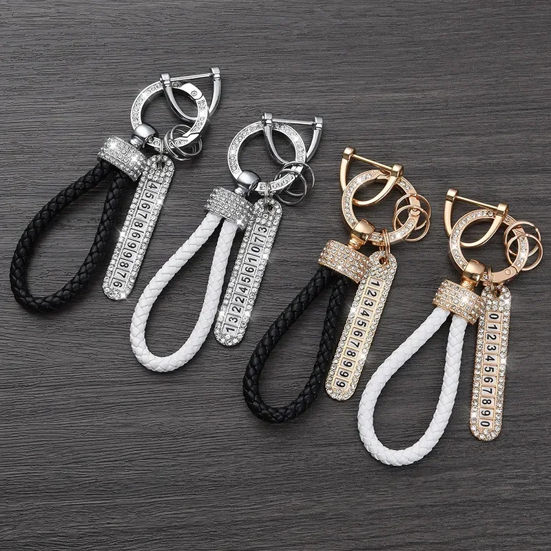 

Crystal Anti-lost Luxury Leather Keychain Women Men Buckle Car Key Ring Chain Holder Phone Number Tag Keyfob Jewelry New