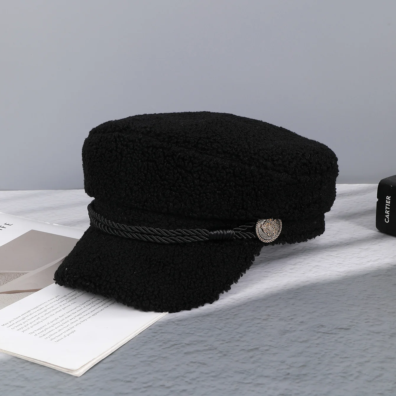 Korean braided rope button lamb wool navy hat shopping outdoor travel simple everything with newspaper boy hat