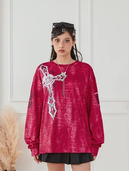 Women's Vintage Graphic Tops Gothic Long Sleeve Round Neck Loose T-Shirts Streetwear Grunge Tops 3