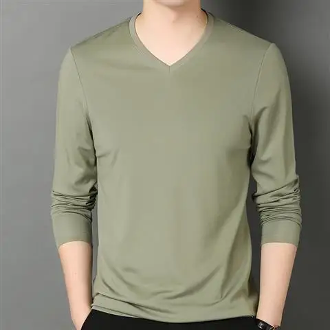 Stylish Trendy Comfortable V-neck Men's T-shirts Fashionable Long Sleeve Tops Cool Ice Silk Slim-fit Breathable Base Layer Shirt images - 6