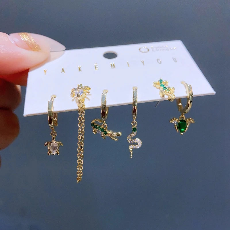 2023 New Design Cute Small Animal Pendant Dangle Earrings Set Gold Plated Green Cubic Zirconia Women Jewelry 2