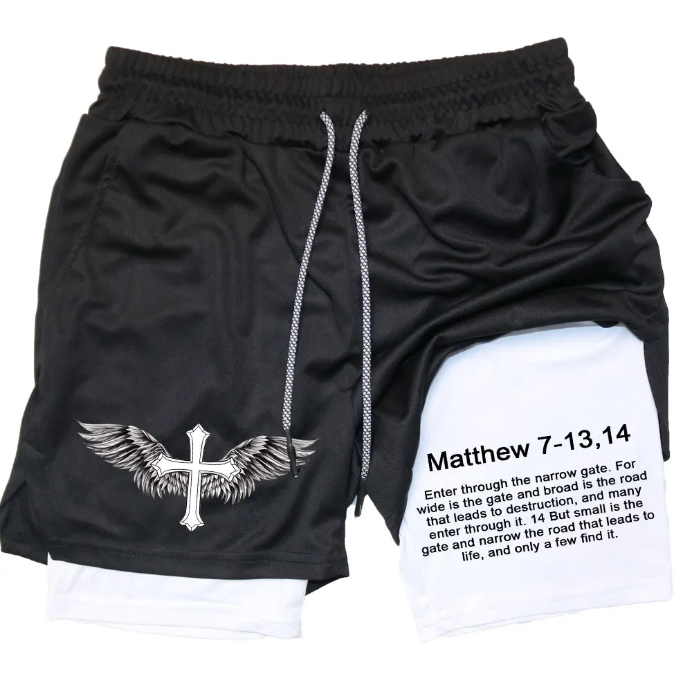 Men Performance Shorts Bible Printed GYM Casual Sports Compression Shorts Workout Running Mesh 2 In 1 Sport Short Pants