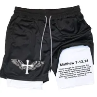 Men Performance Shorts Bible Printed GYM Casual Sports Compression Shorts Workout Running Mesh 2 In 1 Sport Short Pants 1