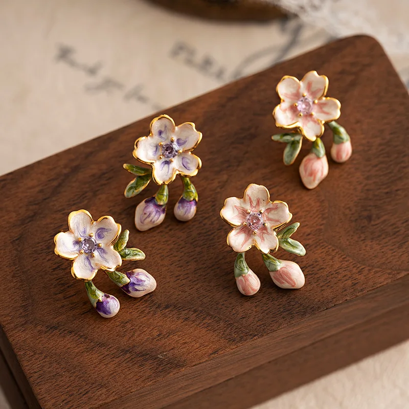 

Light luxury vintage fashion cherry blossom enamel flower earrings for women