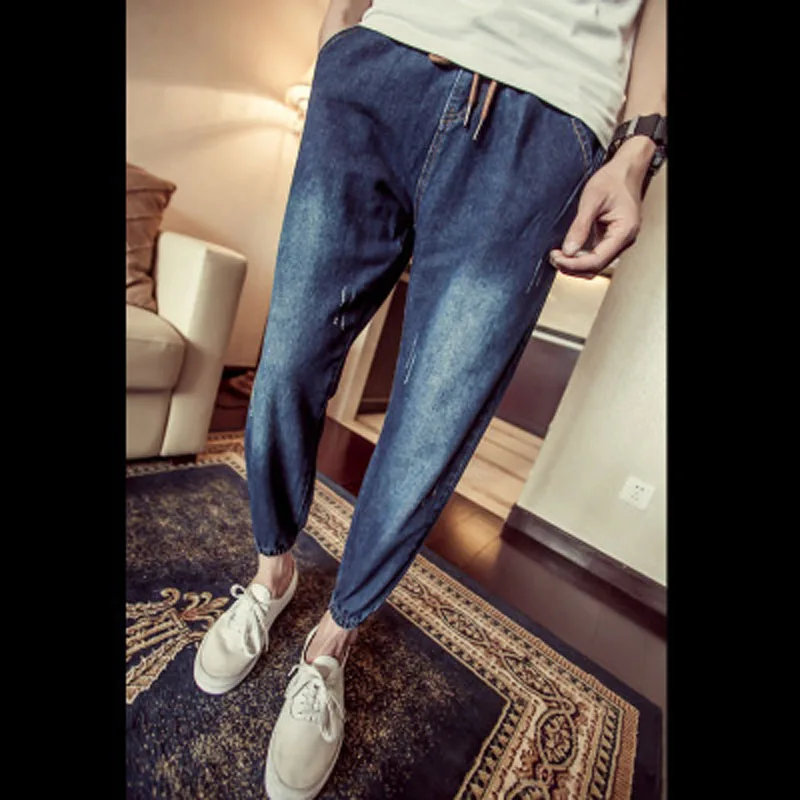 Fashion 2022 Spring Autumn Young Men's Clothing Beam Foot Trousers Elastic Waist Ripped Hip Hop Students Feet Pants Ripped Jeans