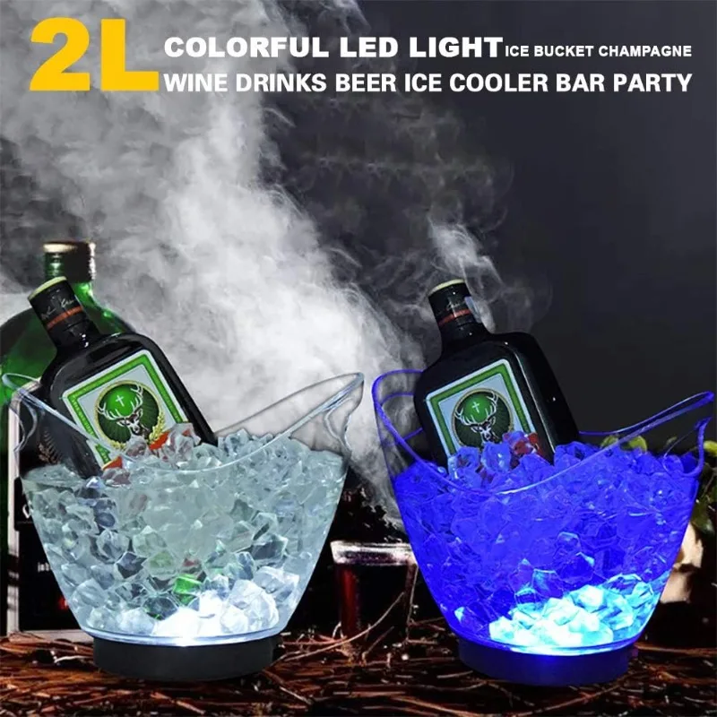1PCS 2L LED Ice Buckets Plastic Clear Ice Bucket Colors Changing Champagne Wine Beer Cooler Bucket for Home Bar Party Club Use