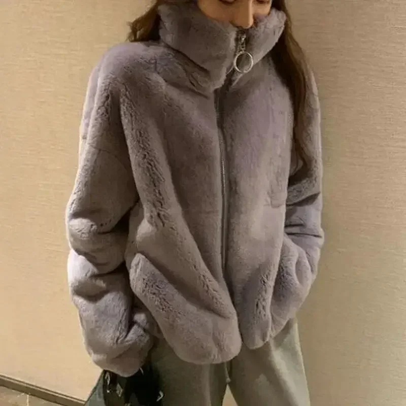 Women's Winter Jacket Fashion Solid Color Faux Fur Coat Korean Version Loose Simplicity Stand-up Collar Women's Clothing Coat