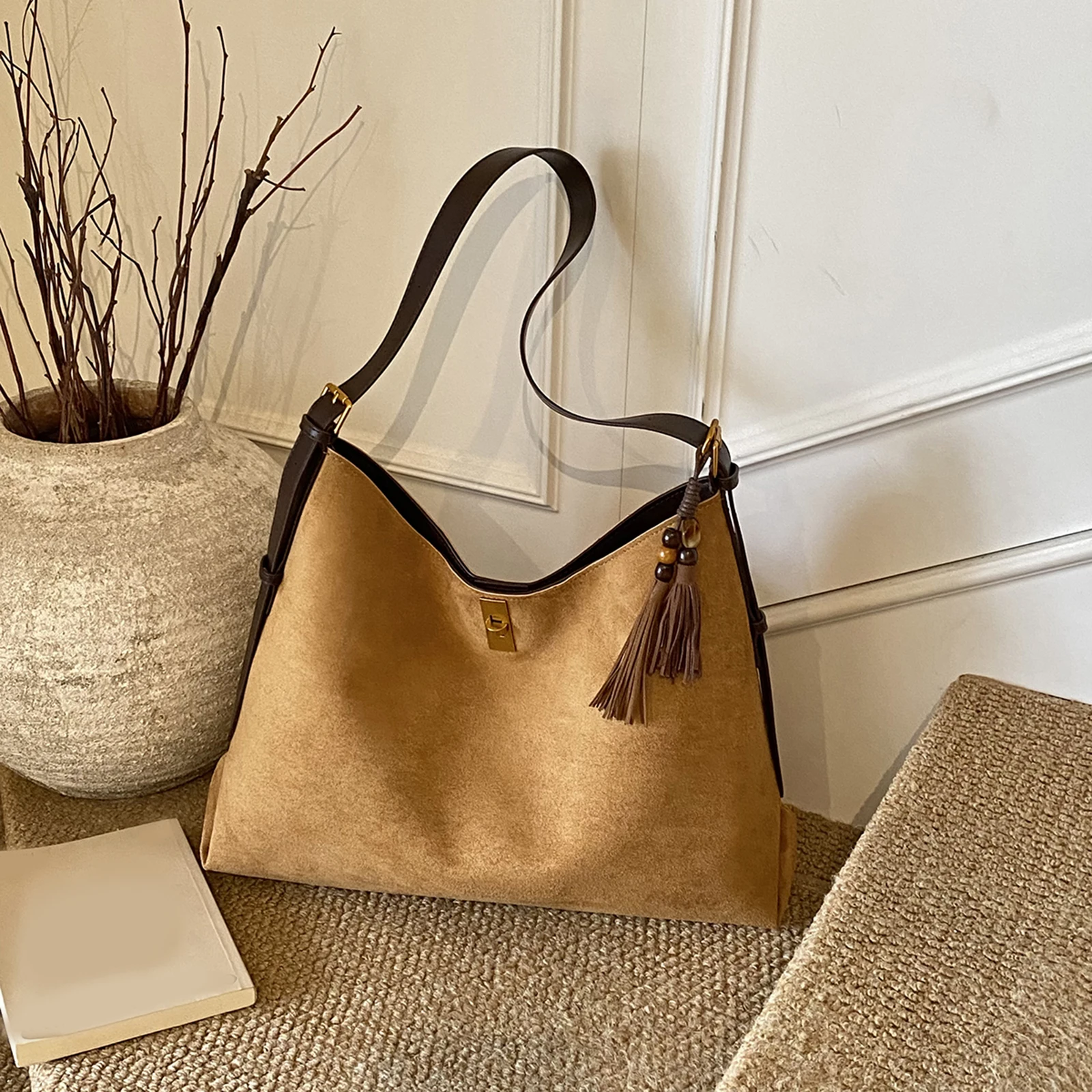 Women Faux Suede Handbag Vintage Underarm Bag Large Bucket Bags for Work Shopping Travel Daily