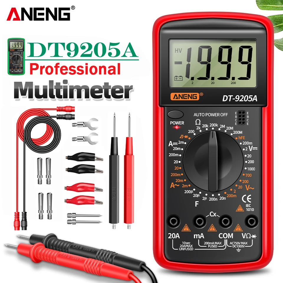 DT-9205A Digital Multimeter - Auto Range Voltage Tester With Test Probes