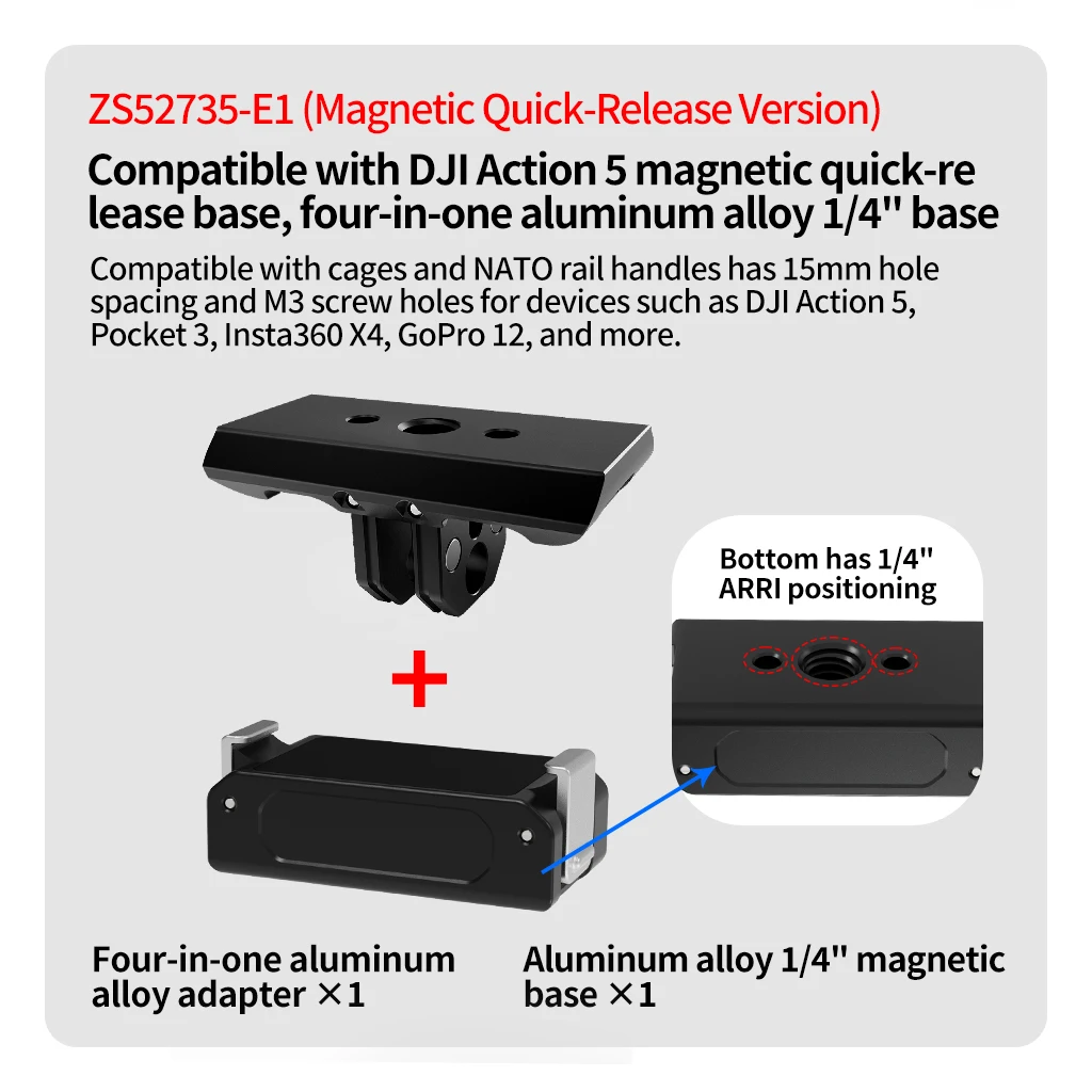 4-in-1-Aluminium-Adapter, 1/4 Zoll M3-Montageloch für DJI OSMO 360 Action 4 5 GoPro 13 NATO Slider, magnetische Schnellverschluss-Stativbasis – Detail 15