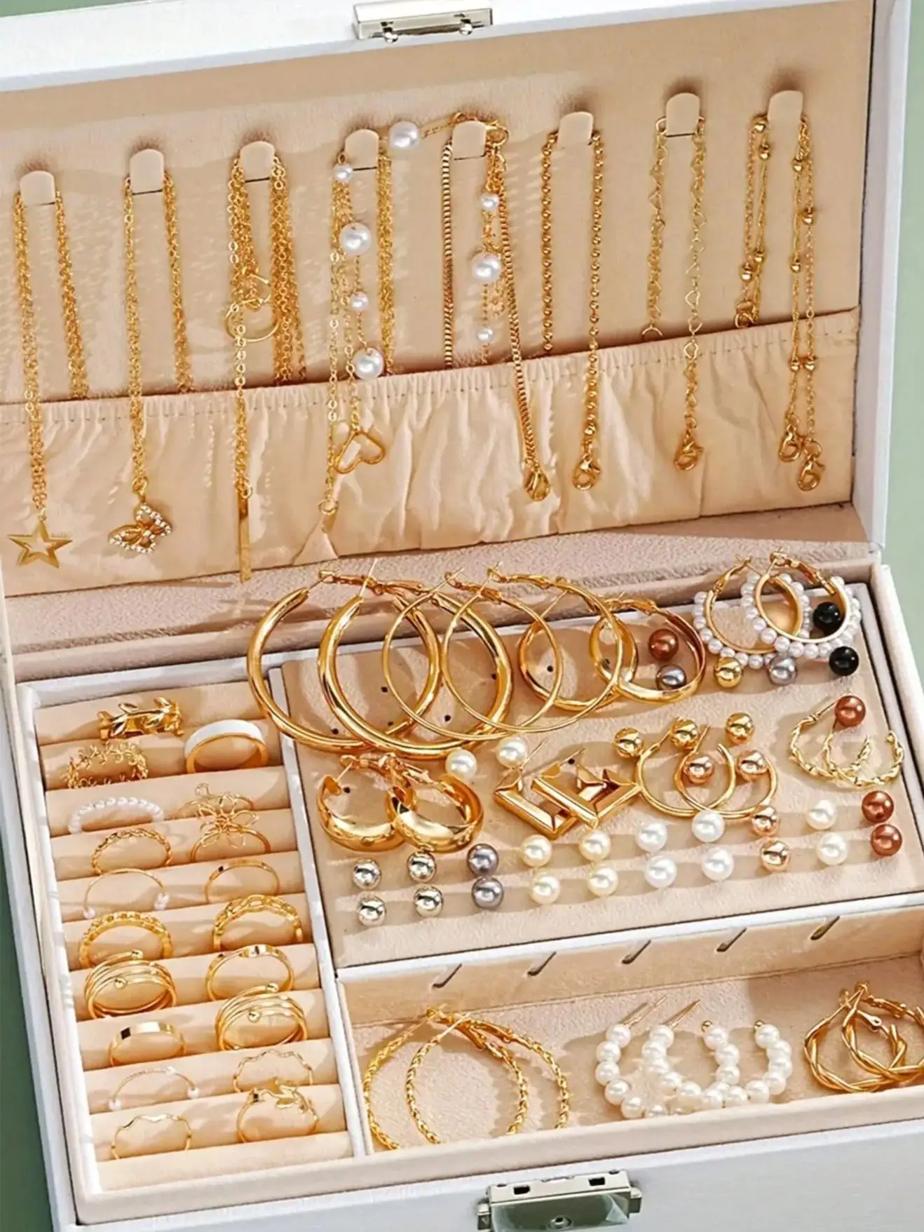 86 шт./комплект. Елегантні сережки з перлами. Багатошарове намисто. Сережки. Кільця. Набір ювелірних виробів 4-в-1. Для жінок. Повсякденний одяг. Подарунок (без коробки)