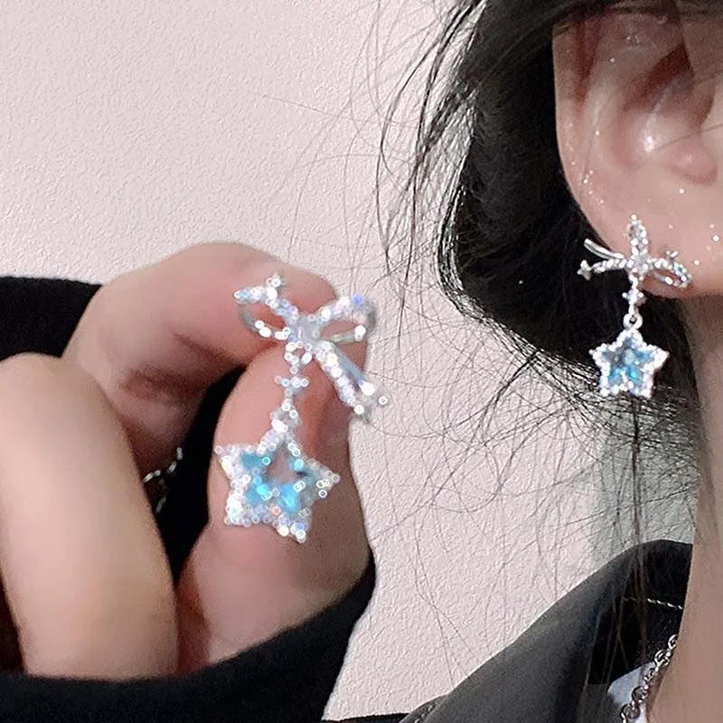 Kpop Y2K Blue Crystal Star Pendant Earrings for Women Exquisite Elegant Zircon Bowknot Pentagram Earrings Jewelry Birthday Gifts - Image 2