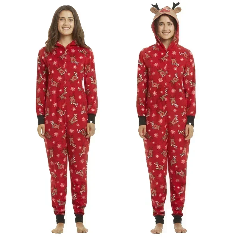 Christmas Matching Outfits for Family Elk Ear Hooded One-Piece Jumpsuit Romper Adults Kids Clothing Set Pajamas Xmas Look Pyjama 4