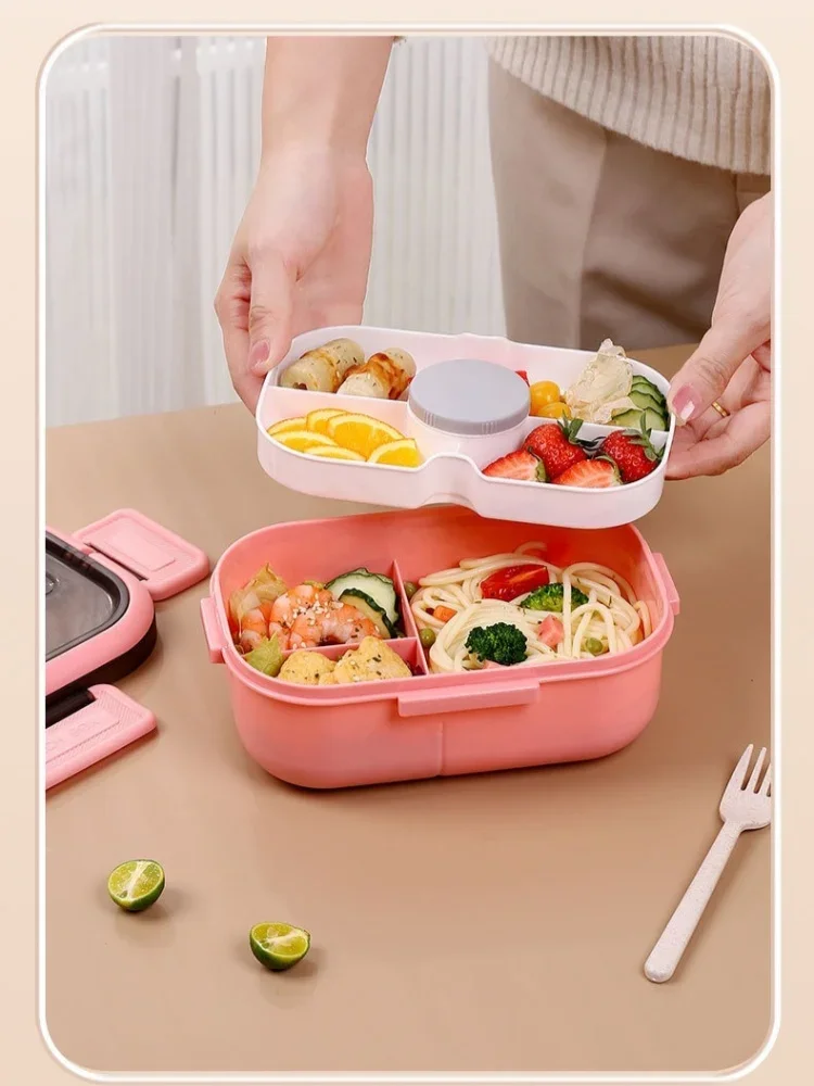 Description Picture 6 of itemPortable Double Layer Lunch Box Compartment Salad Fruit Box with Handles Students Workers Microwave Bento Box with Fork Spoon